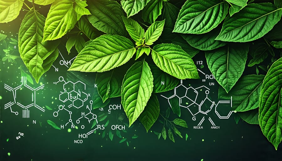 An artistic illustration showing interconnected kratom leaves and chemical symbols of its active compounds, symbolizing its role in alternative medicine.