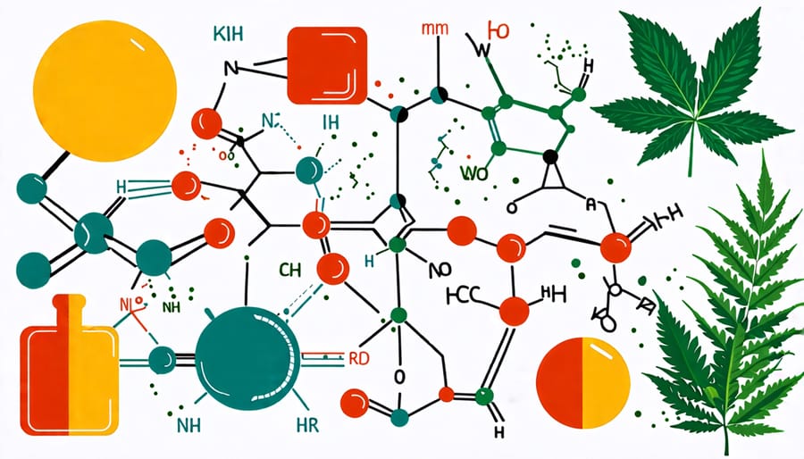 Illustrative diagram showing kratom's active compounds and their interaction with the human body