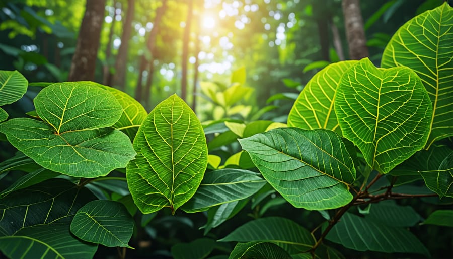 Close-up of kratom leaves on Mitragyna speciosa tree in a tropical forest