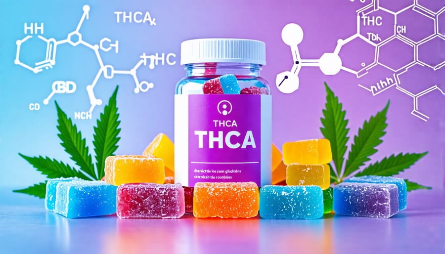 A colorful display of THCA gummies surrounded by molecular diagrams of THCA, THC, and CBD structures, highlighting the emerging trend of non-psychoactive cannabis products in the market.