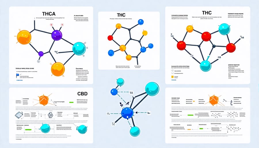 Chemical structures of THCA, THC, and CBD for comparison