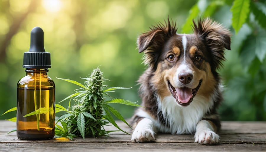 Happy dog with CBD oil bottle and hemp plant