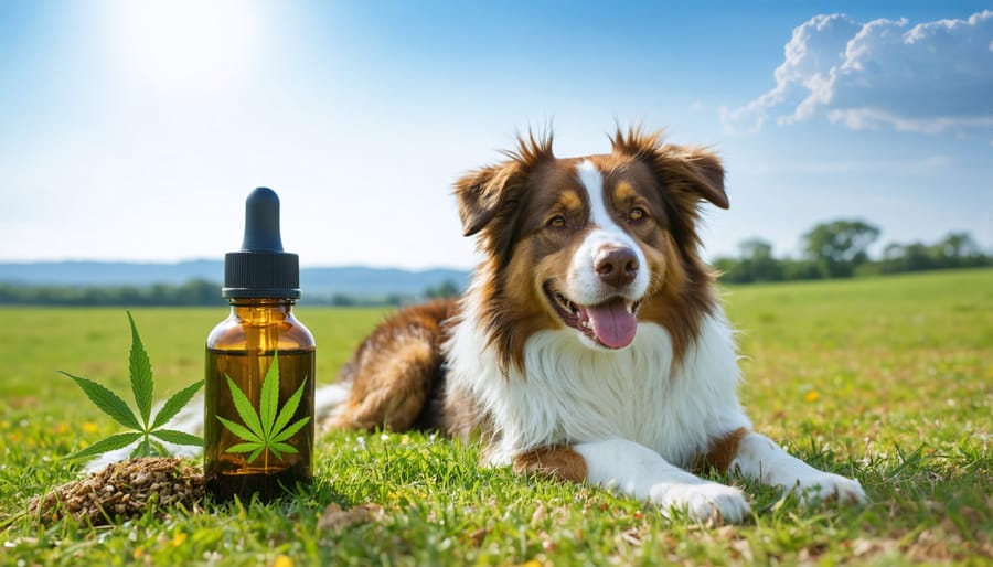 A cheerful dog resting on a grassy field with a CBD oil bottle and a hemp plant in the background, representing the potential benefits of CBD oil for pets.