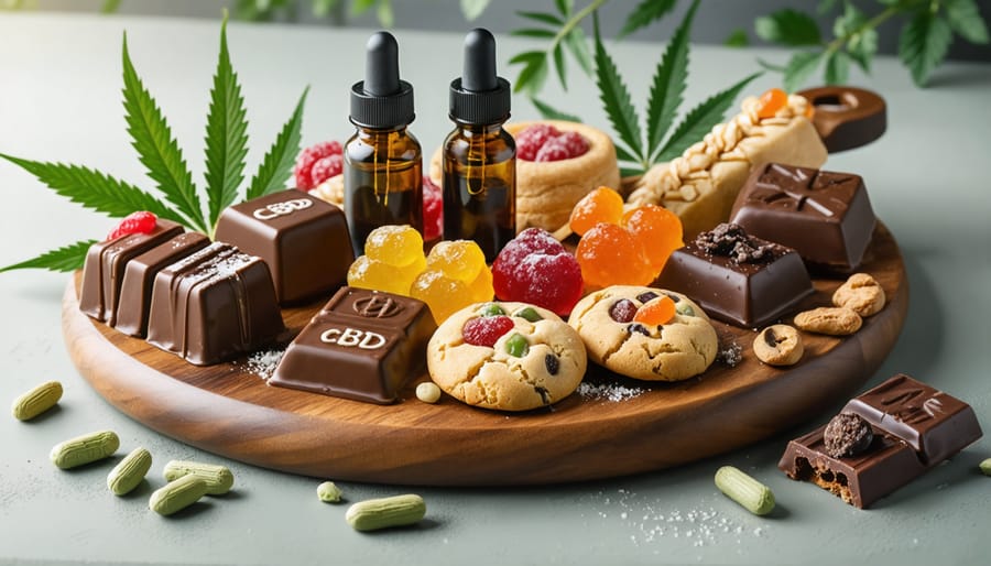 A stylish assortment of CBD-infused snacks including vibrant chocolates, gummies, and cookies on a wooden platter, with subtle hints of CBD infusion and natural accents.