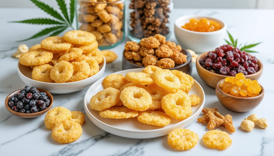 Assortment of CBD-infused snacks including chocolates, gummies, and cookies