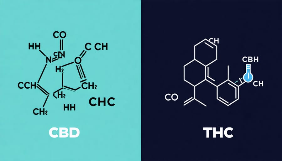 Conceptual illustration of CBD and THC chemical structure comparison