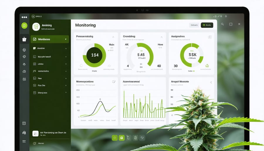 Computer screen displaying cannabis cultivation analytics and AI monitoring system