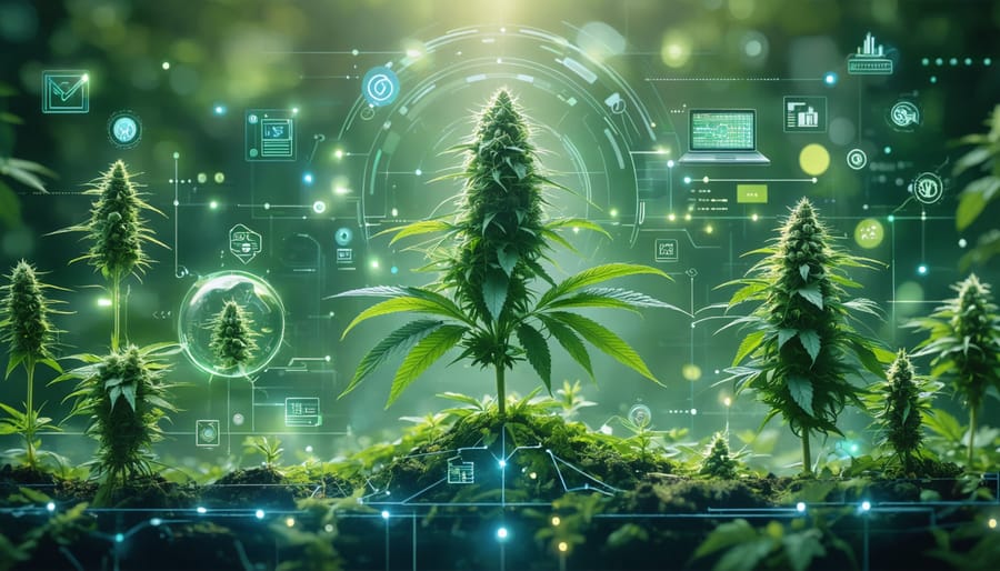 Illustration depicting the transformation of the cannabis industry in 2024, showcasing the integration of AI cultivation, digital retail solutions, and sustainable packaging in a modern and professional design.