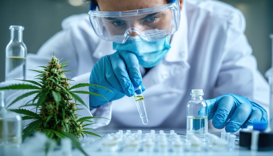 Professional conducting quality testing on CBD oil samples in laboratory setting