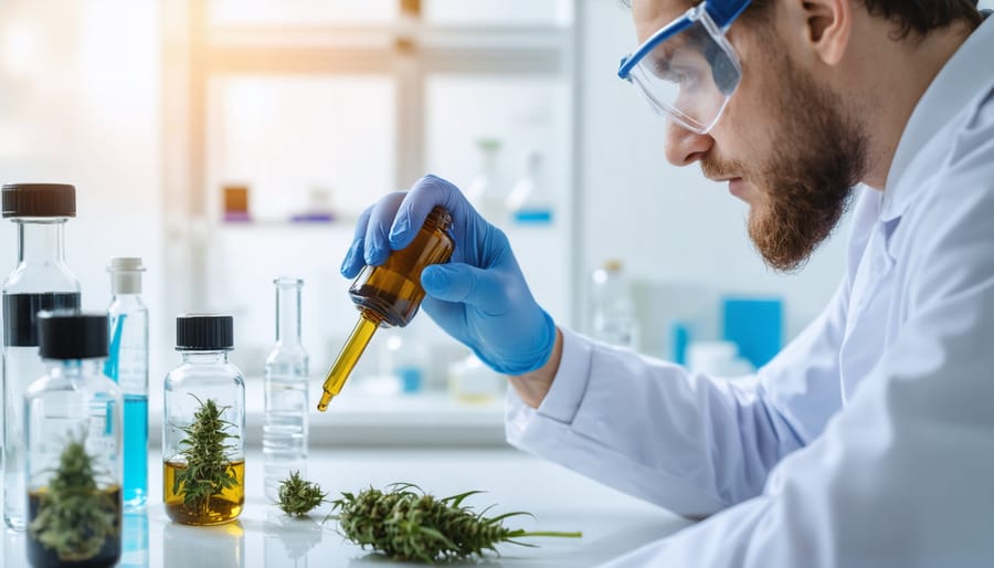 Laboratory scientist analyzing CBD oil samples in modern testing facility