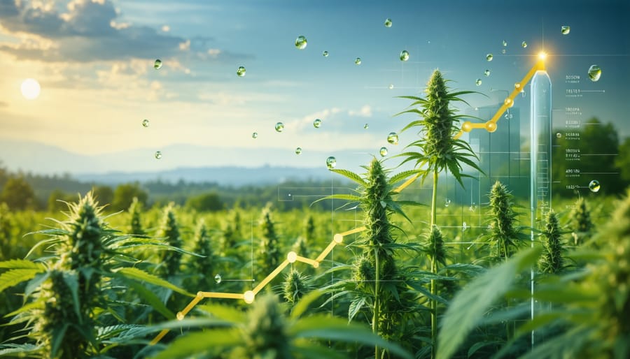 Conceptual illustration of CBD oil market growth with graph and serene hemp field landscape background, representing industry expansion and therapeutic benefits.