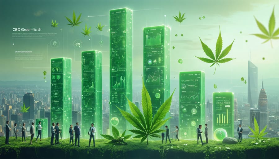 Futuristic cityscape illustrating the growth of the CBD oil market with towering green bar graphs, diverse people engaging with CBD products in wellness centers and tech labs, and elements of nature interspersed in the urban environment.