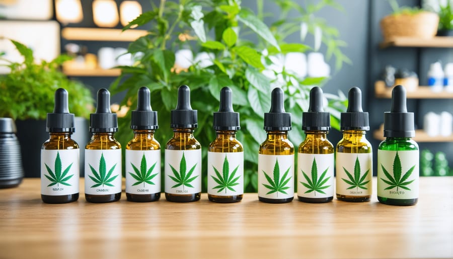 Collection of CBD oil tinctures, topicals, and capsules on store shelf