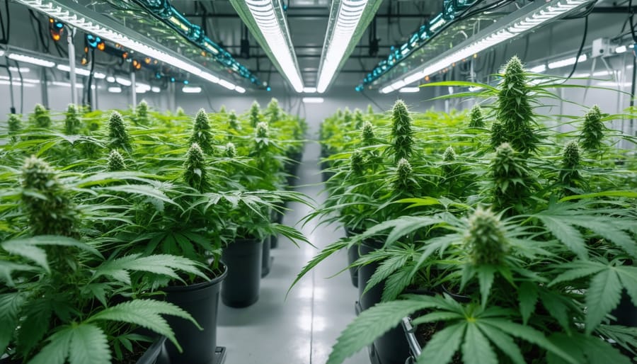 High-tech indoor cannabis growing facility with rows of plants under purple LED lights