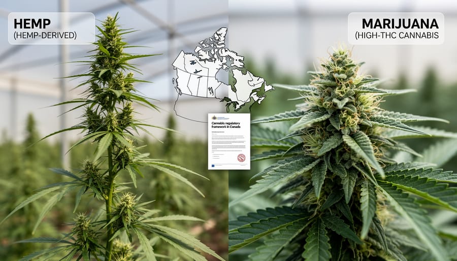 Two cannabis plants side-by-side in a greenhouse, one resembling hemp foliage and the other with denser flowering growth